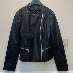 DKNY Black Moto Jacket Snap Neck Zippered Front & Pockets Size Small EUC